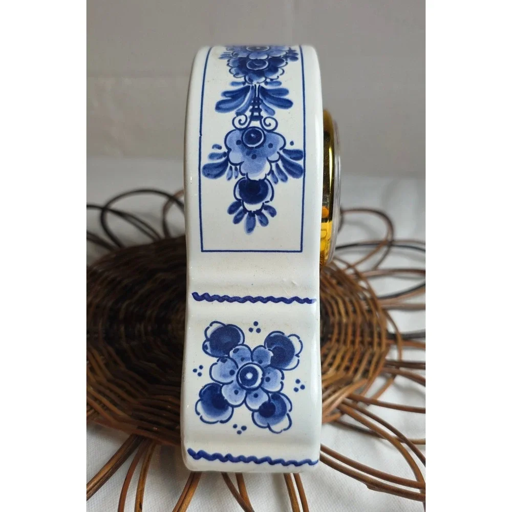 Vintage Delft Blue and White Floral Ceramic Mantel Clock Quartz Roman Numerals